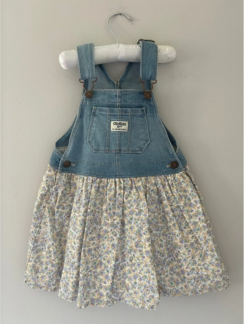 Oshkosh B’Gosh Denim Overalls Dress with Floral Print Skirt Girls Size 4T